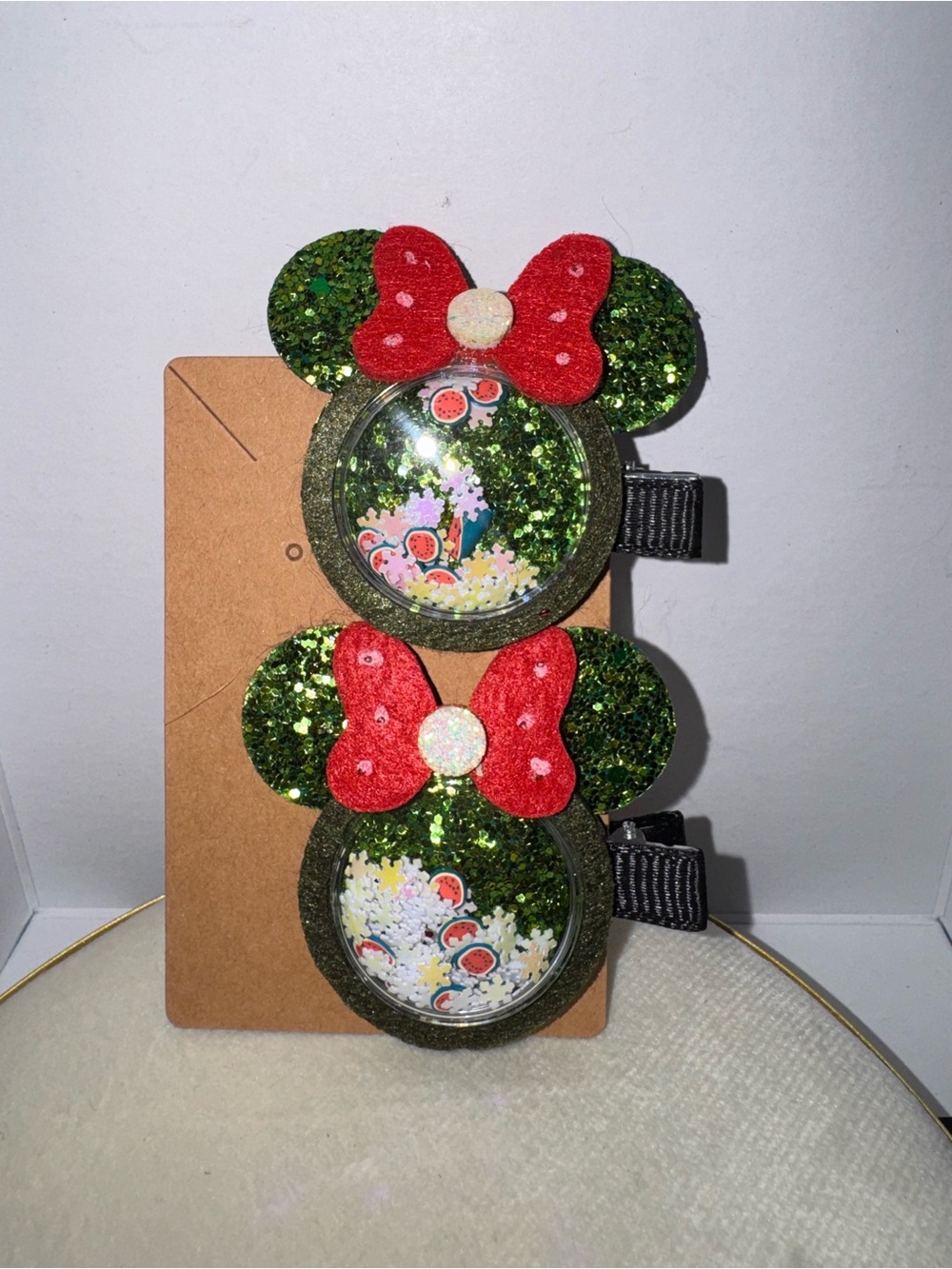Green Glitter Minnie-Style Kids Hair Clips with Red Bows